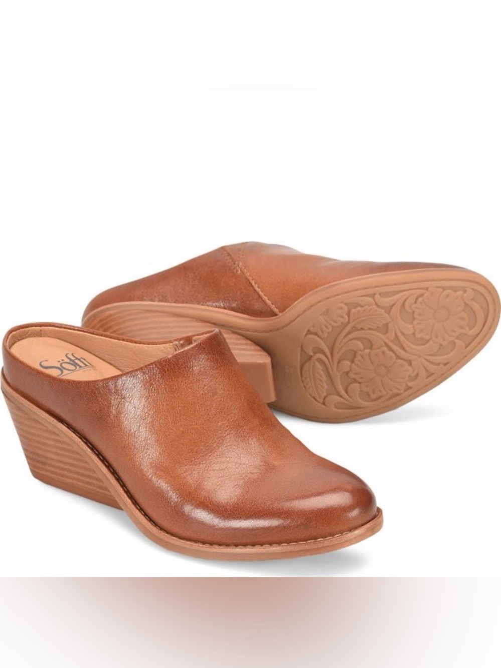 Sofft Cognac Leather Wedge Mule